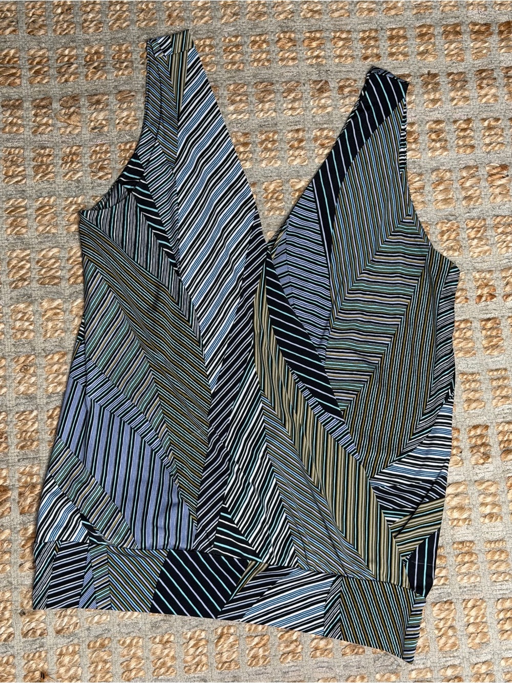 Allison Joy Diagonal Striped V-Neck Shell in Black, Blue, Green